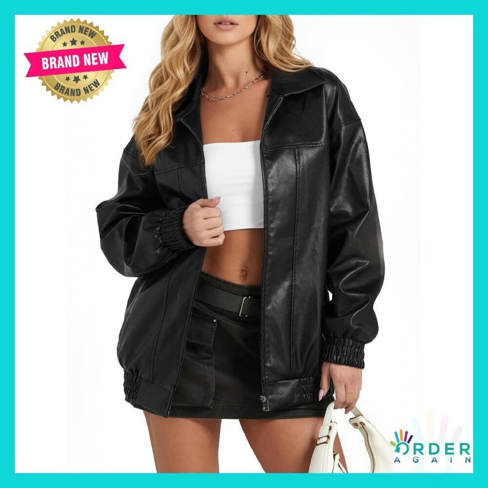 Oversized Faux Leather Jacket Edgy Motorcycle Style Distressed Accents